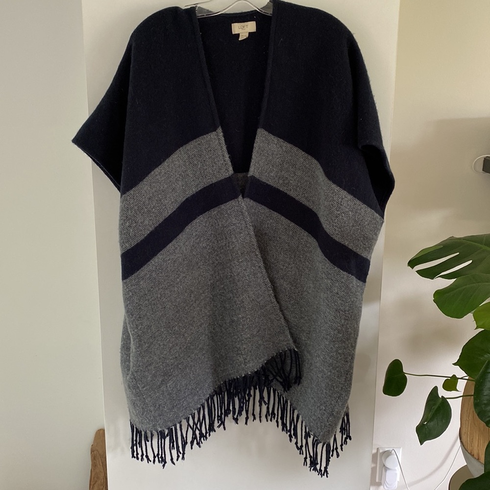 LOFT navy woven stripe wrap cape poncho cardigan sweater